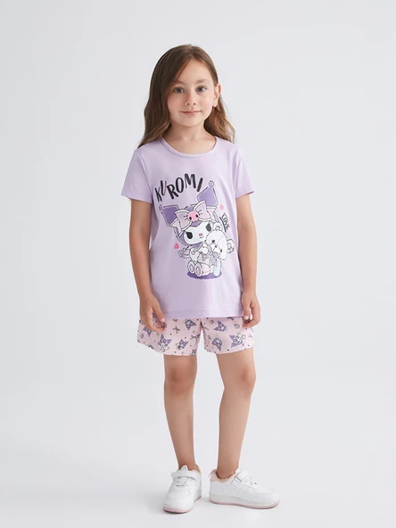 LCW Kids Lila Bisiklet Yaka Kuromi Baskılı Kız Çocuk Şortlu Pijama Takımı ürün görseli 1