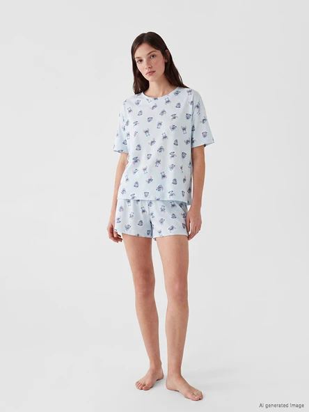 LCW Young Mavi Stitch Baskılı Kadın Şortlu Pijama Takımı ürün görseli 1