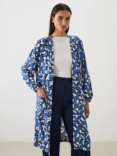 LCW Modest Mavi Şal Yaka Desenli Oversize Kadın Kimono ürün görseli 1