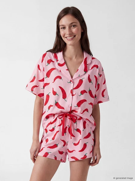 LCW Young Pembe Gömlek Yaka Kadın Şortlu Pijama Takımı ürün görseli 1