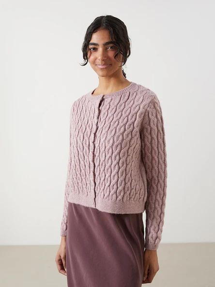 LCW Modest Pembe Bisiklet Yaka Kendinden Desenli Kadın Triko Hırka ürün görseli 1