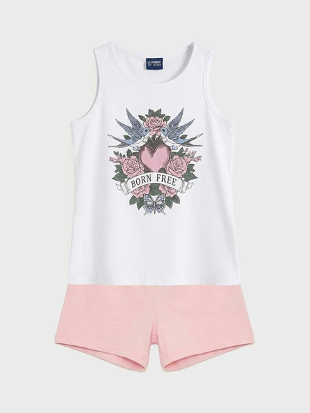 LC WAIKIKI Pembe Baskılı Kız Çocuk Şortlu Pijama Takımı ürün görseli 1