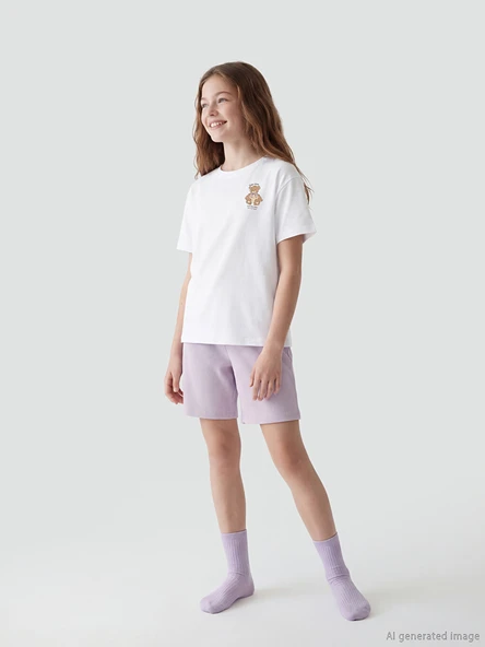 LCW Kids Ekru Bisiklet Yaka Baskılı Kız Çocuk Şortlu Pijama Takımı ürün görseli 1