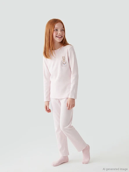 LCW Kids Ekru Çizgili Tavşan Baskılı Kız Çocuk Pijama Takım ürün görseli 1