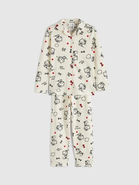 LCW Kids Ekru Gömlek Yaka Hello Kitty Baskılı Kız Çocuk Pijama Takım ürün görseli 1