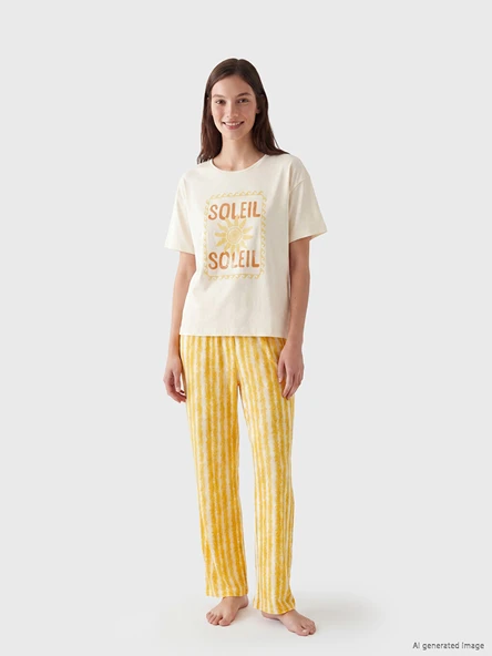 LCW DREAM Sarı Bisiklet Yaka Baskılı Kadın Pijama Takımı ürün görseli 1
