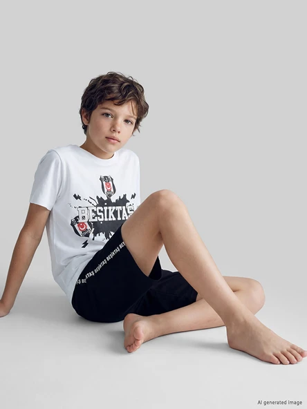 LCW Kids Beyaz Bisiklet Yaka Erkek Çocuk Beşiktaş Baskılı Pijama Takımı ürün görseli 1