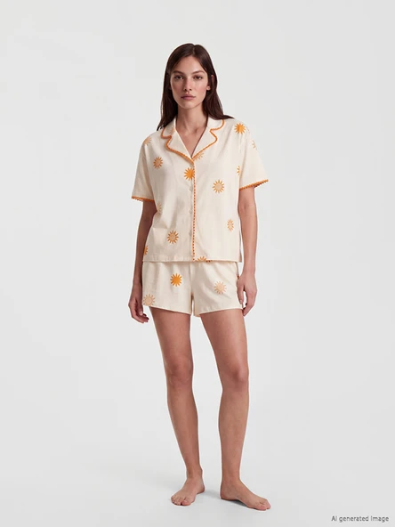 LCW DREAM Ekru Güneş Desenli Kadın Şortlu Pijama Takımı ürün görseli 1