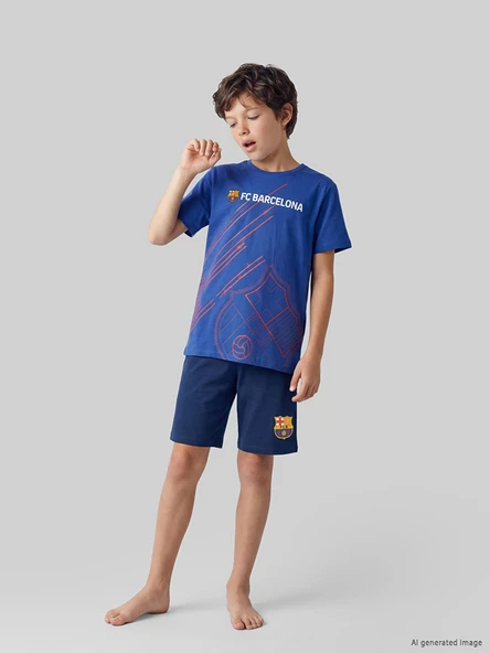 LCW Kids Mavi FC Barcelona Baskılı Erkek Çocuk Şortlu Pijama Takımı ürün görseli 1