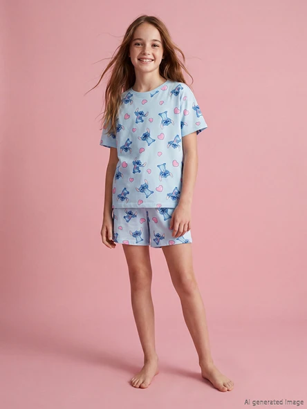 LCW Kids Mavi Stitch Baskılı Kız Çocuk Şortlu Pijama Takımı ürün görseli 1