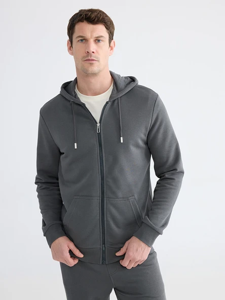 LCWAIKIKI Classic Antrasit Standart Kalıp Kapüşonlu Erkek Fermuarlı Sweatshirt ürün görseli 1