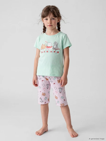 LCW Kids Turkuaz Kedi Baskılı Kız Çocuk Kaprili Pijama Takımı ürün görseli 1