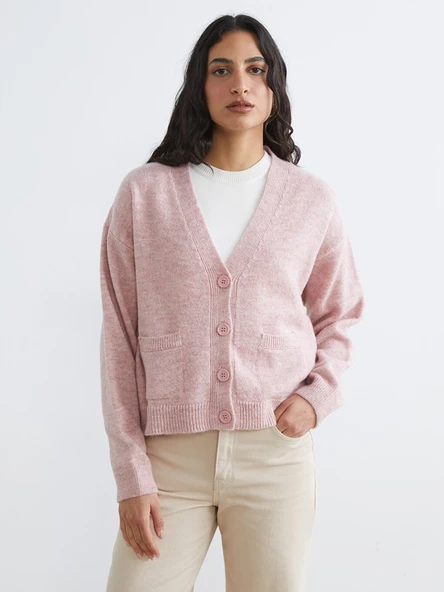 LCW Modest Pembe V Yaka Kadın Triko Hırka ürün görseli 1