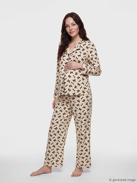 LCW DREAM Bej Gömlek Yaka Fiyonk Baskılı Hamile Pijama Takımı ürün görseli 1