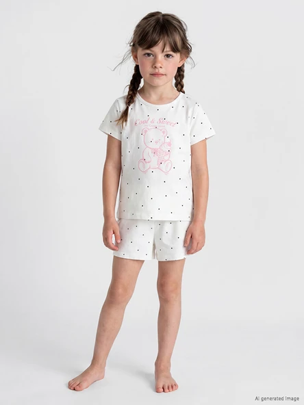 LCW Kids Ekru Bisiklet Yaka Kız Çocuk Şortlu Pijama Takımı ürün görseli 1