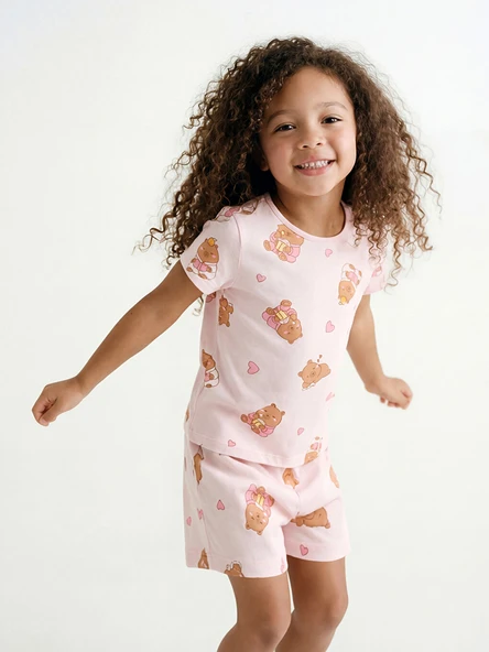 LCW Kids Pembe Bisiklet Yaka Kız Çocuk Şortlu Pijama Takımı ürün görseli 1