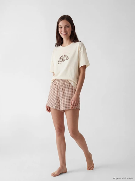 LCW DREAM Kahverengi Baskılı Kadın Şortlu Pijama Takımı ürün görseli 1