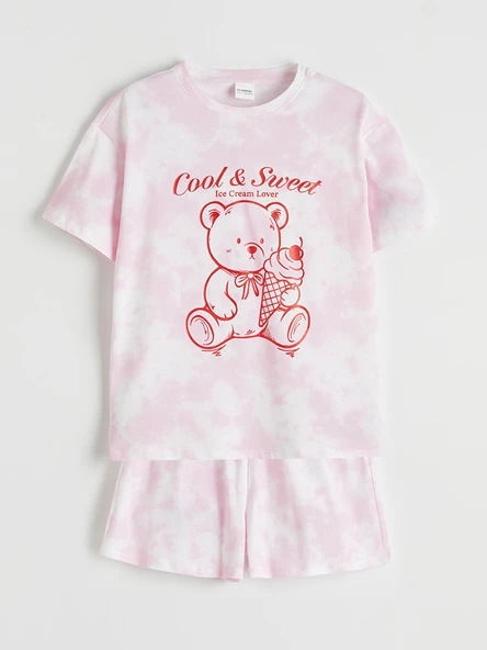 LCW Kids Pembe Bisiklet Yaka Baskılı Kız Çocuk Şortlu Pijama Takımı ürün görseli 1