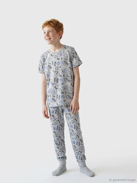 LCW Kids Gri Bisiklet Yaka Baskılı Erkek Çocuk Pijama Takım ürün görseli 1
