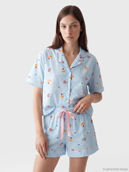 LCW DREAM Ekru Desenli Kadın Şortlu Pijama Takımı ürün görseli 1