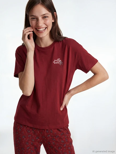 LCW DREAM Kırmızı Bisiklet Yaka Baskılı Kadın Pijama Takım ürün görseli 1