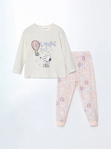 LCW Kids Ekru Bisiklet Yaka Snoopy Baskılı Kız Çocuk Pijama Takımı ürün görseli 1
