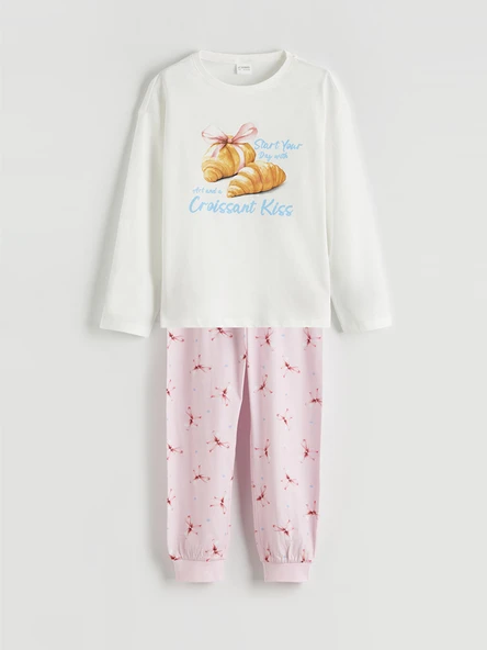 LCW Kids Ekru Bisiklet Yaka Baskılı Kız Çocuk Pijama Takımı ürün görseli 1