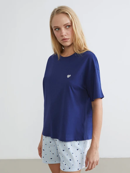 LCW DREAM Mavi Kalp Nakışlı Kadın Şortlu Pijama Takımı ürün görseli 1