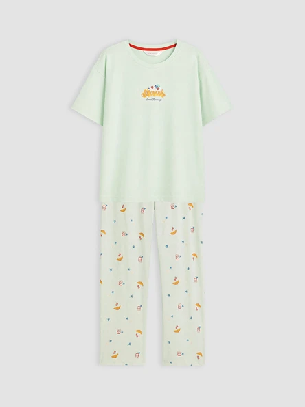 LCW DREAM Yeşil Bisiklet Yaka Baskılı Kadın Pijama Takım ürün görseli 1