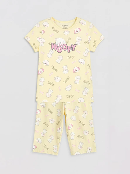 LCW Kids Sarı Bisiklet Yaka Kız Çocuk Kaprili Pijama Takımı ürün görseli 1