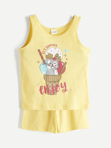 LC WAIKIKI Sarı Baskılı Kız Çocuk Şortlu Pijama Takımı ürün görseli 1