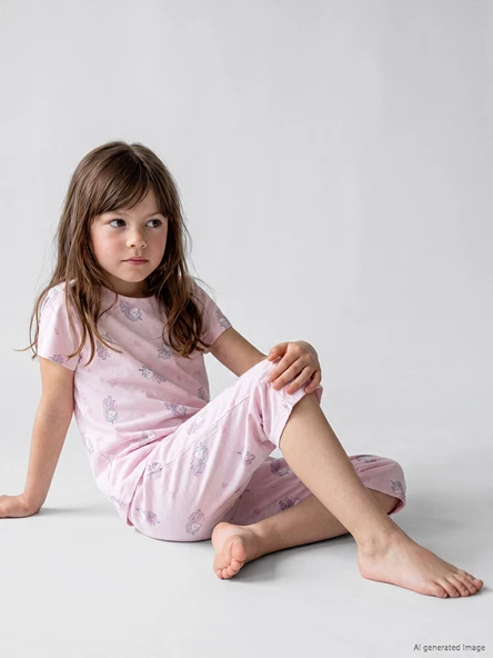LCW Kids Pembe Bisiklet Yaka Kız Çocuk Kaprili Pijama Takımı ürün görseli 1