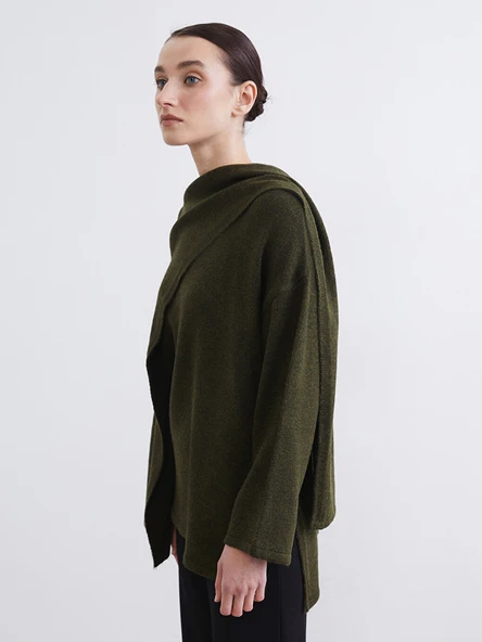 LCW Modest Haki Dökümlü Şal Yaka Oversize Kadın Triko Kazak ürün görseli 1