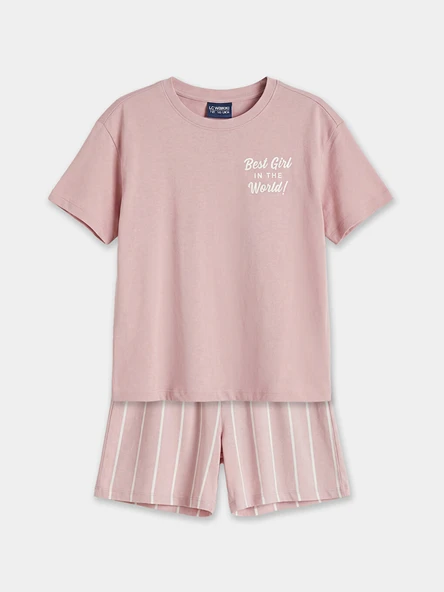 LCW Kids Pembe Bisiklet Yaka Baskılı Kız Çocuk Pijama Takım ürün görseli 1