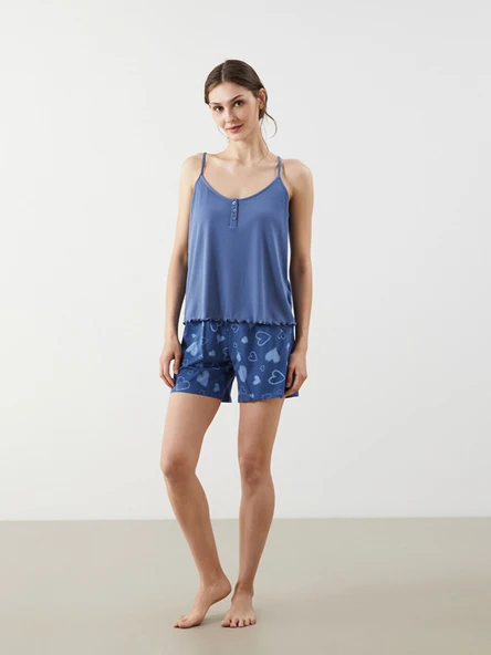 LCW DREAM İndigo V Yaka Baskılı Kadın Şortlu Pijama Takımı ürün görseli 1