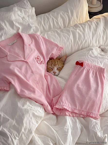 LCW Young Pembe Nakışlı Kadın Şortlu Pijama Takımı ürün görseli 1