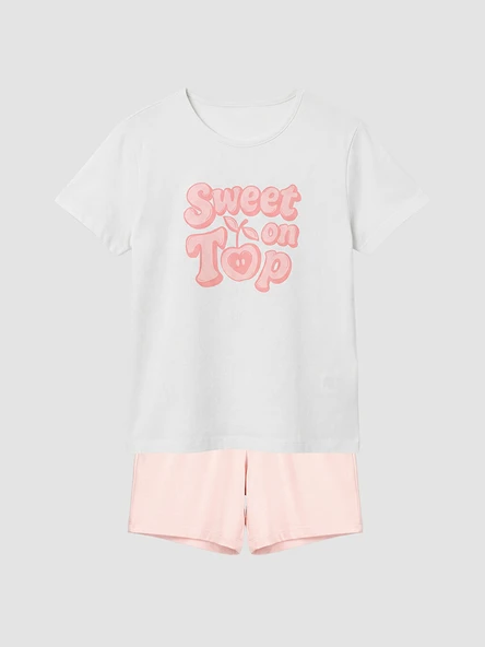 LCW Kids Ekru Bisiklet Yaka Kız Çocuk Şortlu Pijama Takımı ürün görseli 1