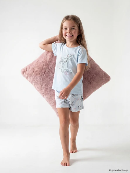 LCW Kids Mavi Stitch Baskılı Kız Çocuk Şortlu Pijama Takımı ürün görseli 1