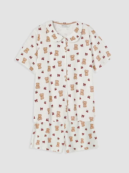 LCW Young Ekru Bebe Yaka Ayıcık Baskılı Kadın Şortlu Pijama Takımı ürün görseli 1