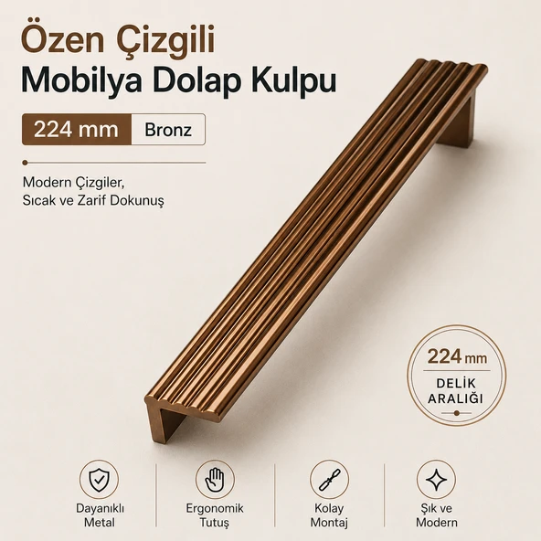 Özen Çizgili Bronz Metal (224 mm - 22.4 cm) Çekmece Kulbu Mobilya Dolap Dolabı Kulpu Kulpları ürün görseli 1