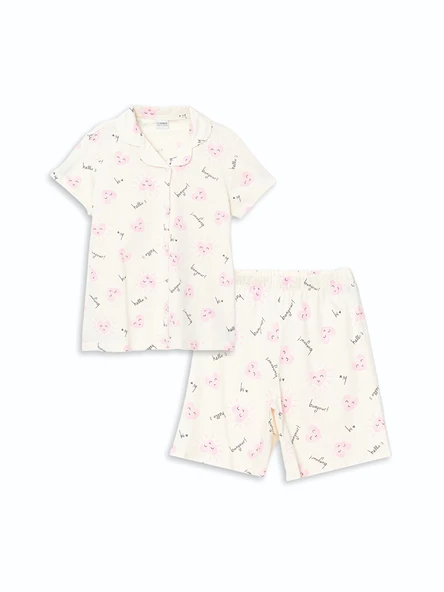 LCW Kids Ekru Gömlek Yaka Kız Çocuk Şortlu Pijama Takımı ürün görseli 1