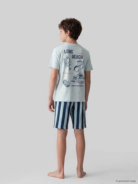 LCW Kids Yeşil Bisiklet Yaka Erkek Çocuk Şortlu Pijama Takımı ürün görseli 1