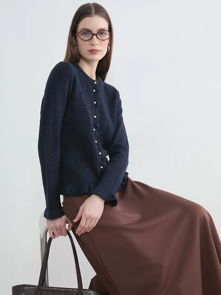LCW Modest Lacivert Bisiklet Yaka Fırfırlı Kadın Triko Hırka ürün görseli 1