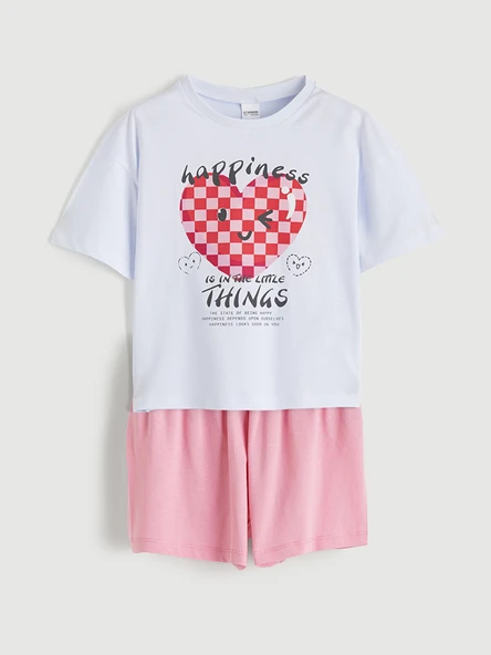 LC WAIKIKI Pembe Kalp Baskılı Kız Çocuk Şortlu Pijama Takımı ürün görseli 1
