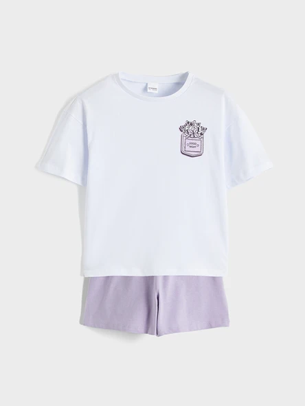 LC WAIKIKI Lila Bisiklet Yaka Kız Çocuk Şortlu Pijama Takımı ürün görseli 1