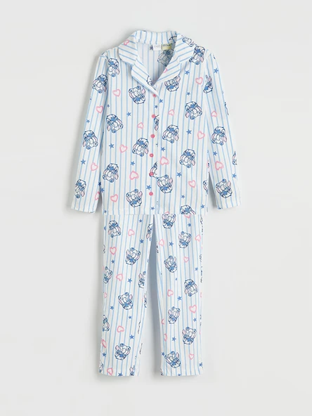 LCW Kids Mavi Gömlek Yaka Stitch Baskılı Kız Çocuk Pijama Takımı ürün görseli 1