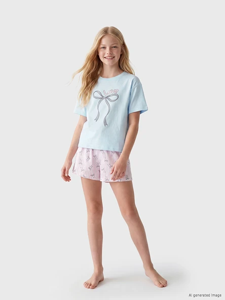 LCW Kids Mavi Fiyonk Baskılı Kız Çocuk Şortlu Pijama Takımı ürün görseli 1
