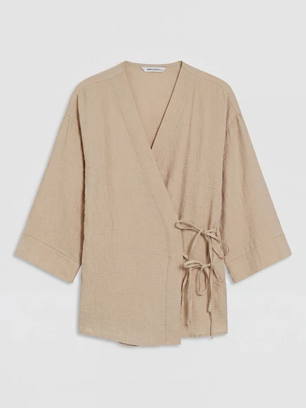 LCW EVERYDAY Bej Kruvaze Yaka Müslin Oversize Kadın Kimono ürün görseli 1