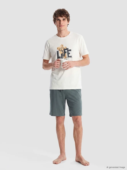 LC WAIKIKI Ekru Standart Kalıp Erkek Şortlu Pijama Takımı ürün görseli 1