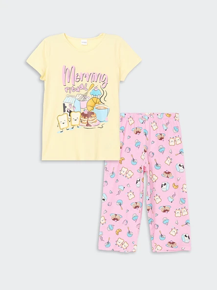 LCW Kids Sarı Bisiklet Yaka Kız Çocuk Kaprili Pijama Takımı ürün görseli 1